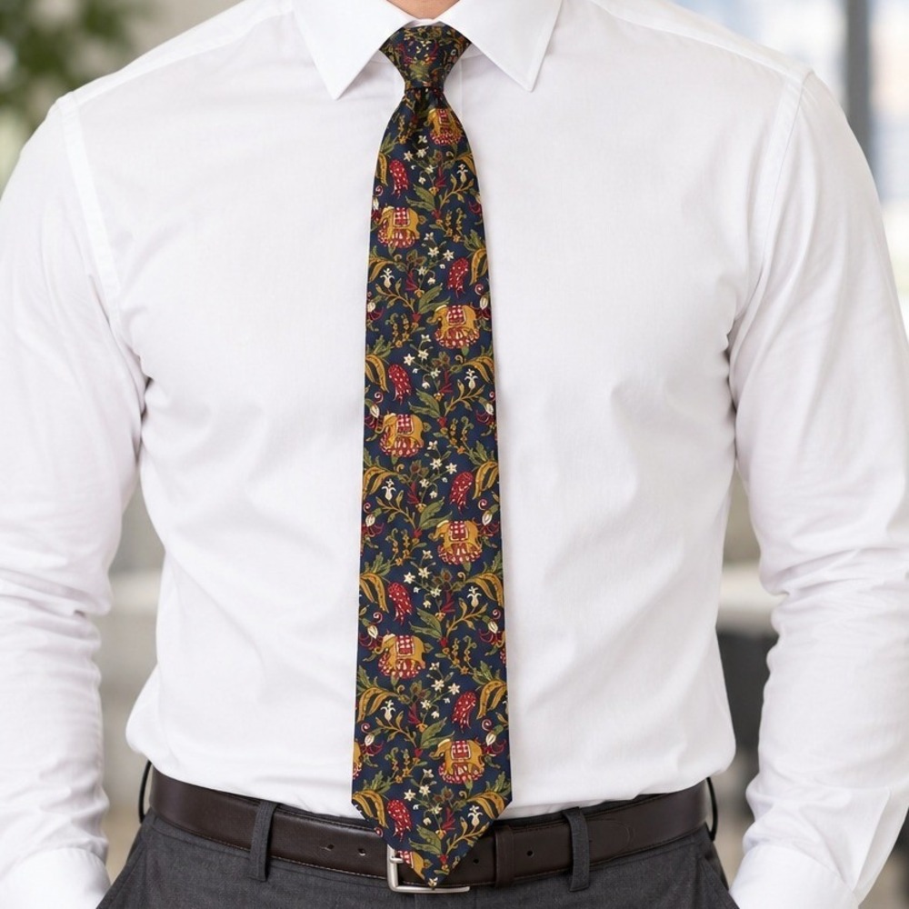 Liberty OS Silk Necktie Elephant Floral Navy Blue Botanical Classic Designer Tie